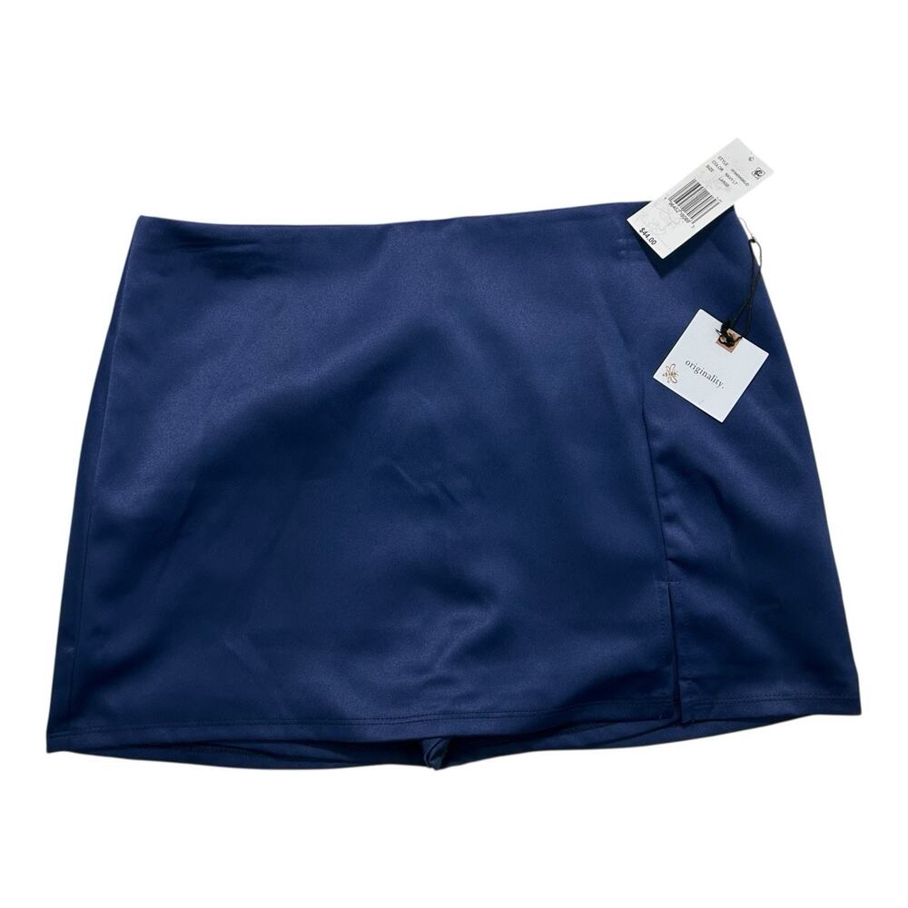 NWT Originality SZ L Navy Blue Mini Skort A-Line Hidden Shorts High Waist NEW